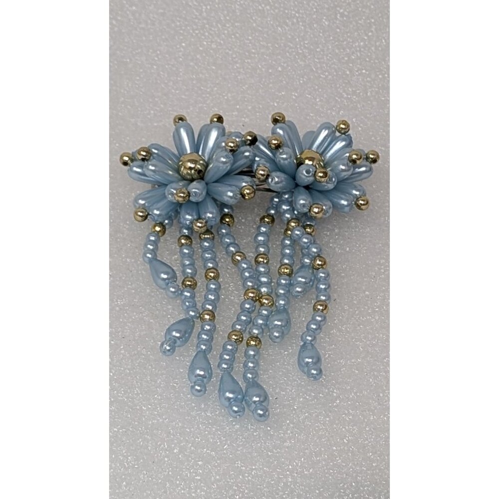 Vintage Beaded Hair Jewelry Clip Barrette Blue & Gold Beads Floral 4 1/4"x6"